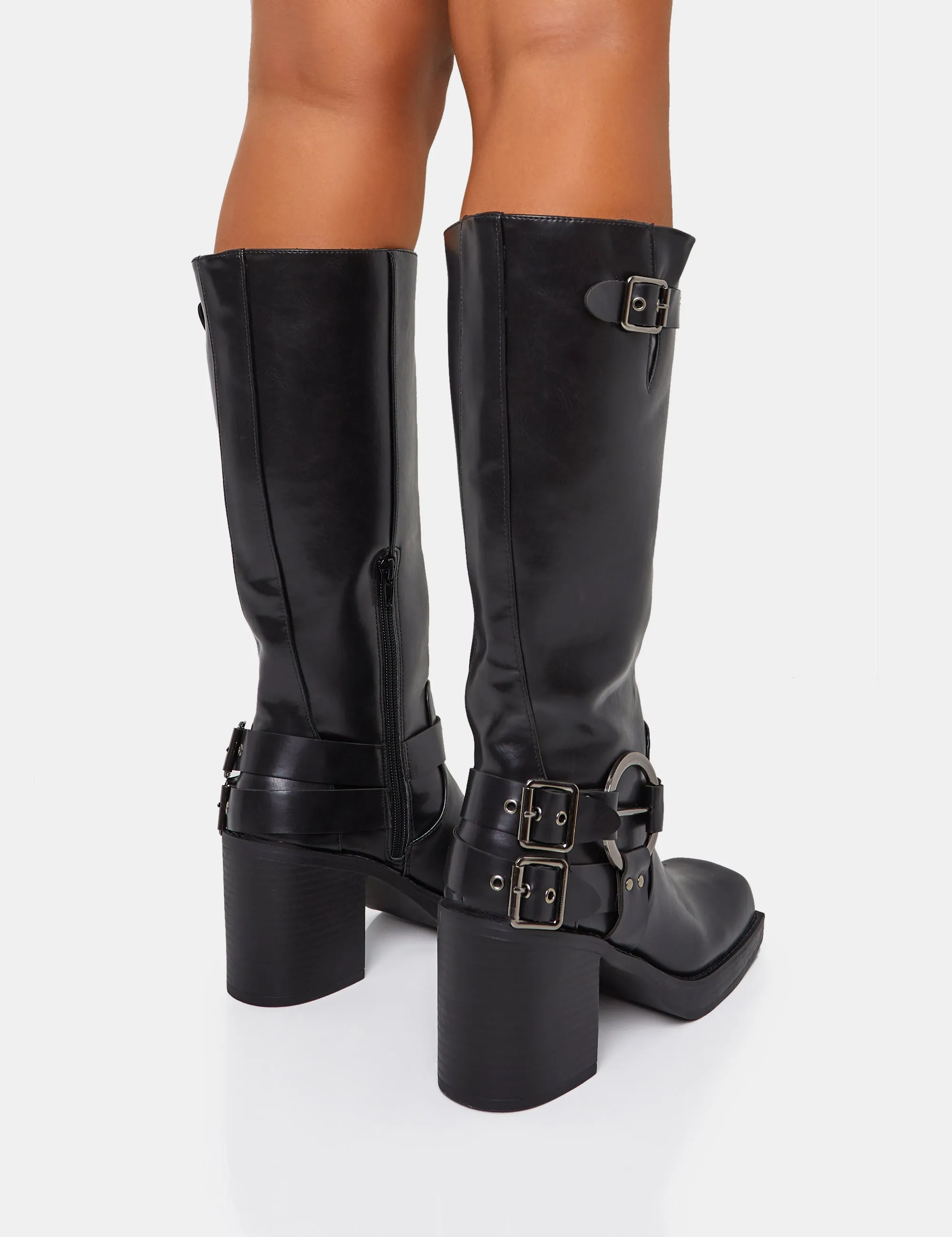Jen Biker Black Buckle Silver Detail Round Toe Block Heel Knee High Boots