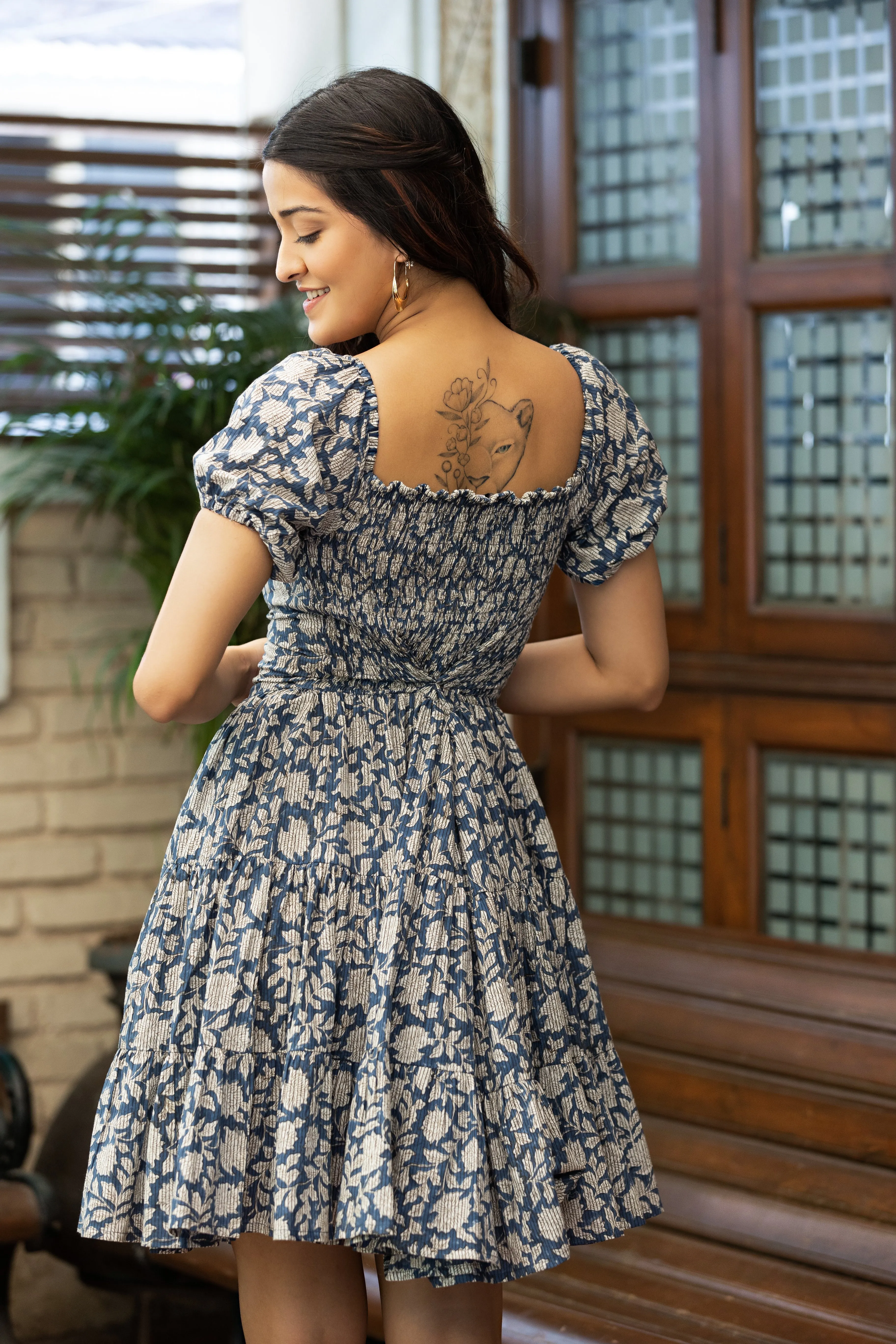 MULMUL NAVY BLOSSOMS BLOCK PRINTED TIERED MINI DRESS