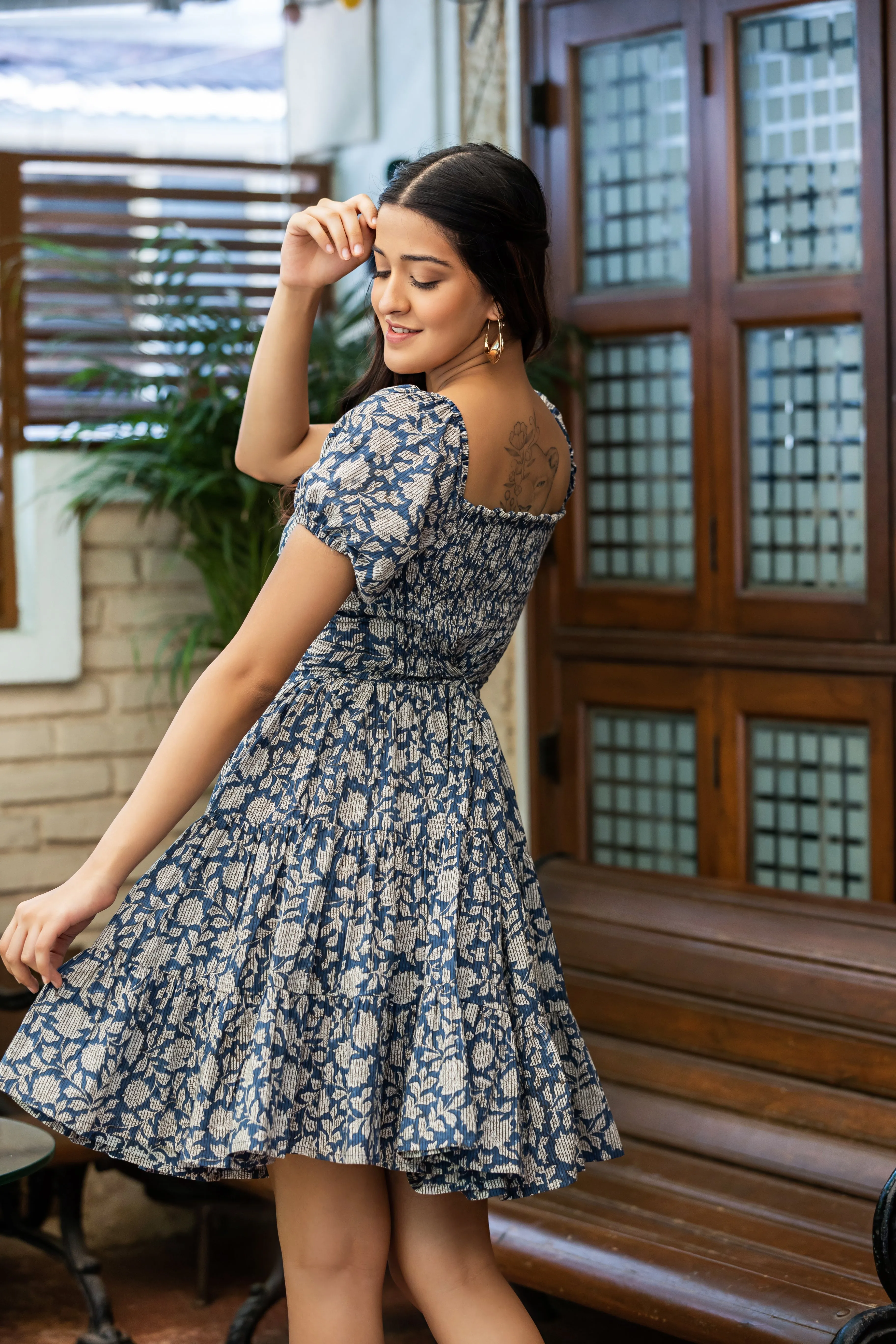 MULMUL NAVY BLOSSOMS BLOCK PRINTED TIERED MINI DRESS