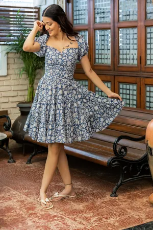 MULMUL NAVY BLOSSOMS BLOCK PRINTED TIERED MINI DRESS