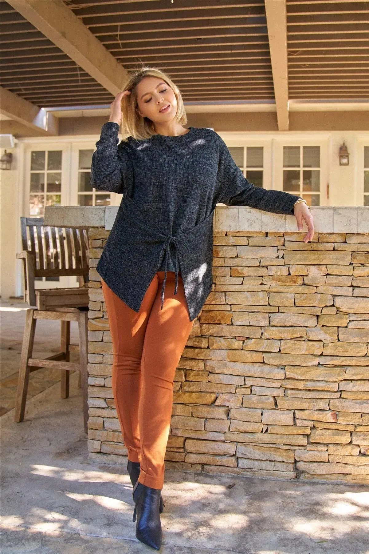 Plus Size Textured Knit Front-Tie Asymmetrical Top /3-2-1