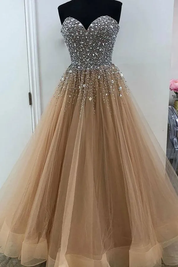 Puffy Sweetheart Floor Length Beading Prom Dress, Glitter Long Formal Dress with Crystals UQ2564