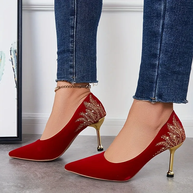 Rhinestone Pointed Toe Comfy Slip-on Stiletto Heels