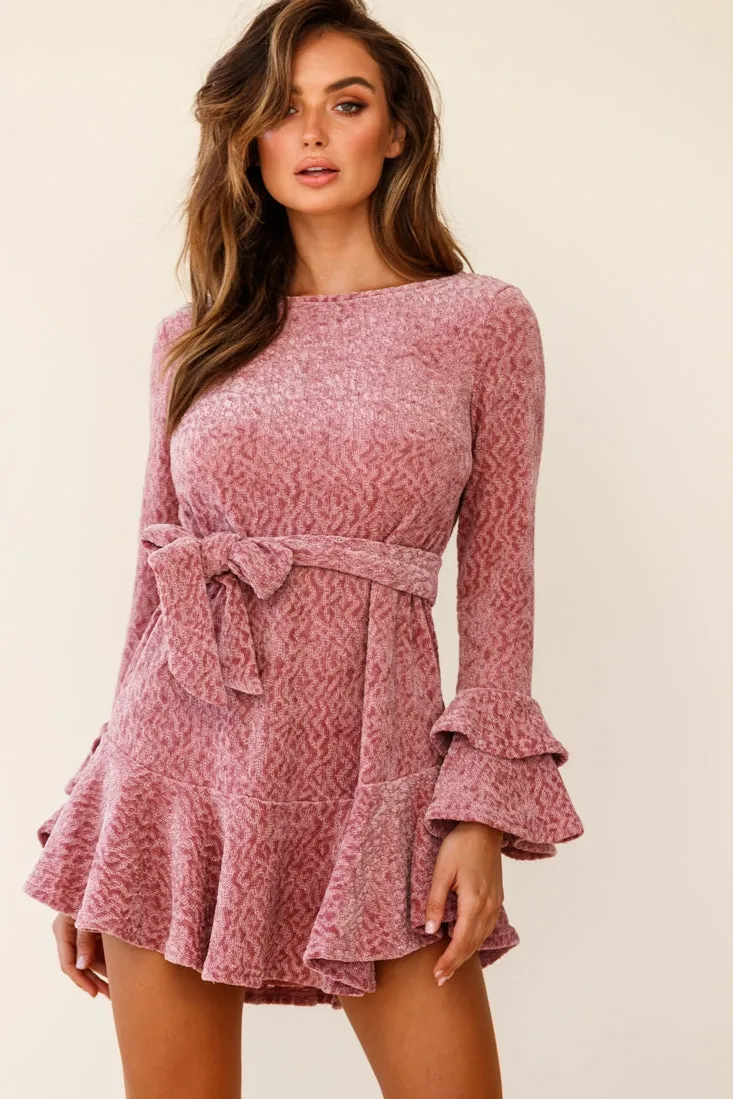 Saphira Long Sleeve Fluted Hem Knit Dress Blush