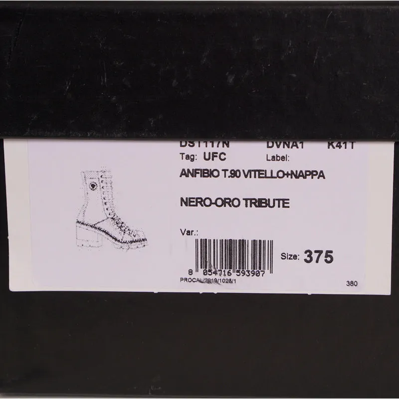 sz 37.5 NEW $2,050 VERSACE RUNWAY Black Leather CHUNKY HEEL Biker COMBAT BOOTS