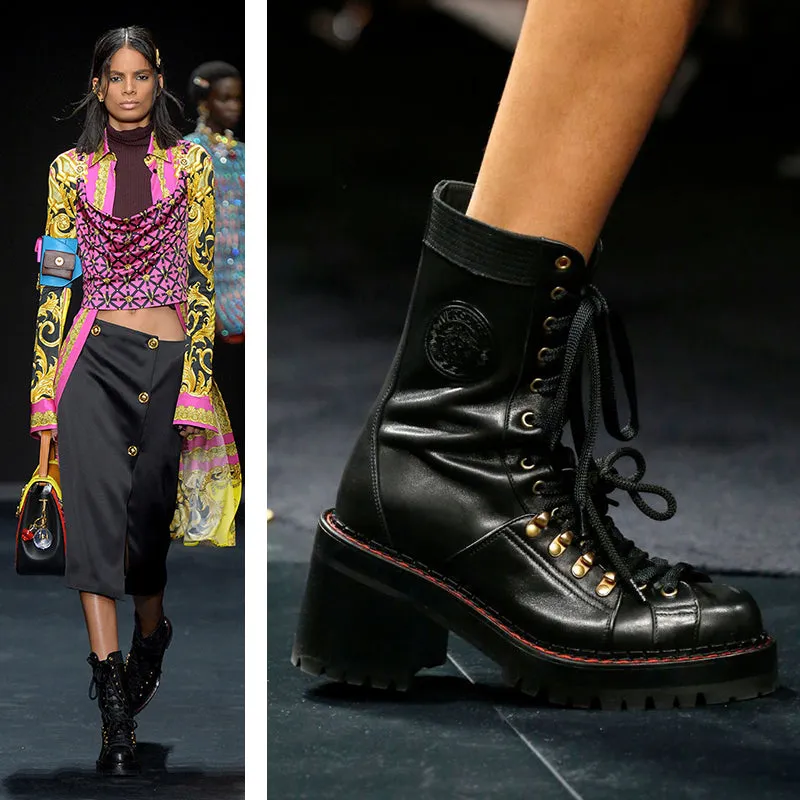 sz 37.5 NEW $2,050 VERSACE RUNWAY Black Leather CHUNKY HEEL Biker COMBAT BOOTS