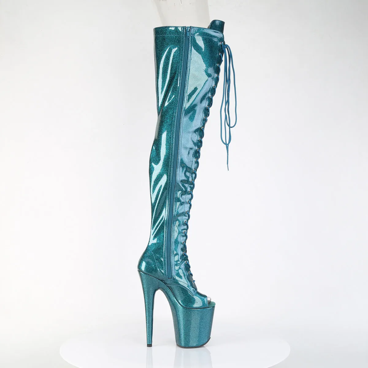 Teal Glitter Peep Toe Thigh High Boots Flamingo-3021GP