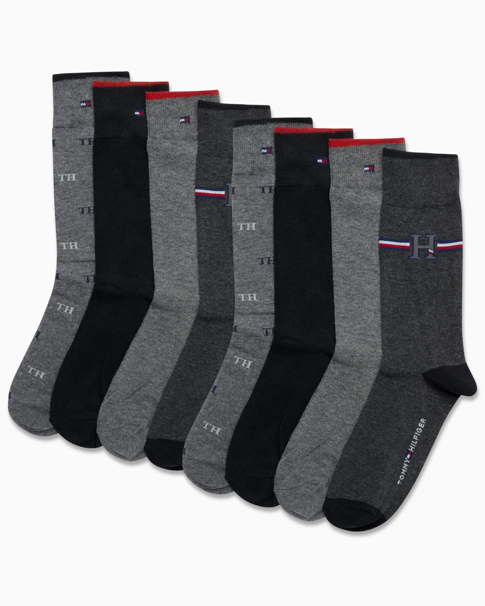 Tommy Hilfiger Men's Dress Socks - 8 Pack Comfort Stretch Crew Socks for Men - Crew Length Breathable Mens Work Socks (7-12), Size 7-12, Black/Grey Logo