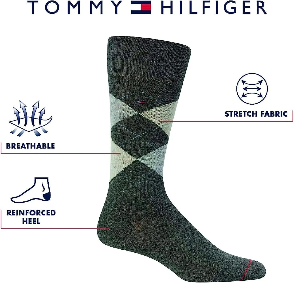 Tommy Hilfiger Men's Dress Socks - 8 Pack Comfort Stretch Crew Socks for Men - Crew Length Breathable Mens Work Socks (7-12), Size 7-12, Black/Grey Logo