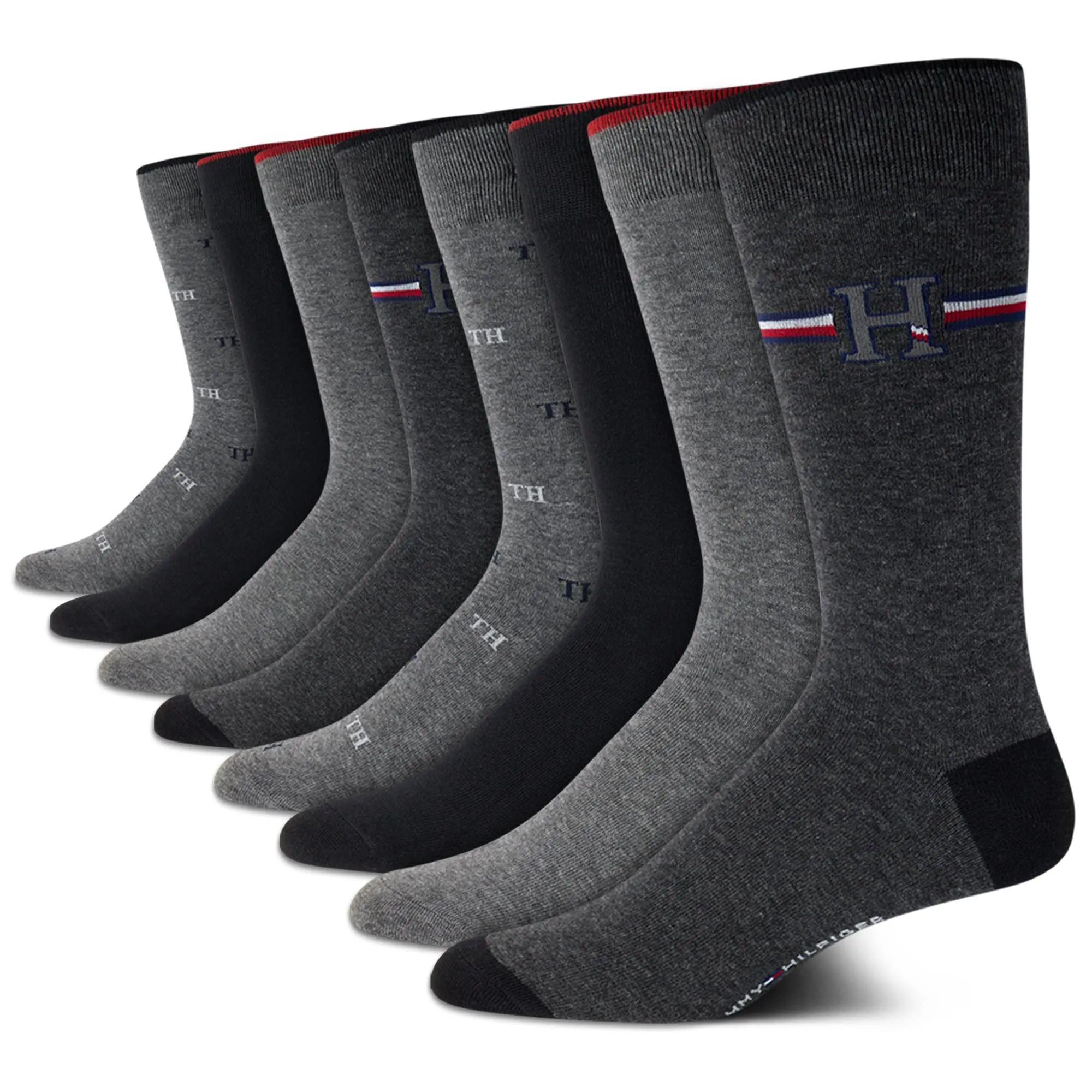 Tommy Hilfiger Men's Dress Socks - 8 Pack Comfort Stretch Crew Socks for Men - Crew Length Breathable Mens Work Socks (7-12), Size 7-12, Black/Grey Logo