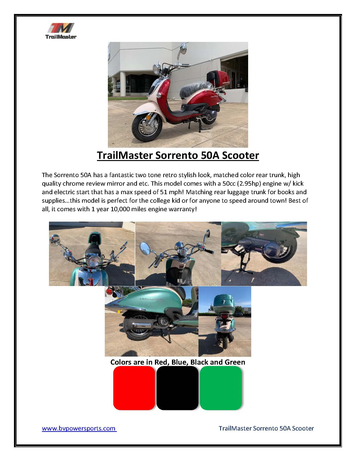 Trailmaster Sorrento 50 Retro scooter Euro Style Moped 49.5 cc Electric start Great Gas Mileage