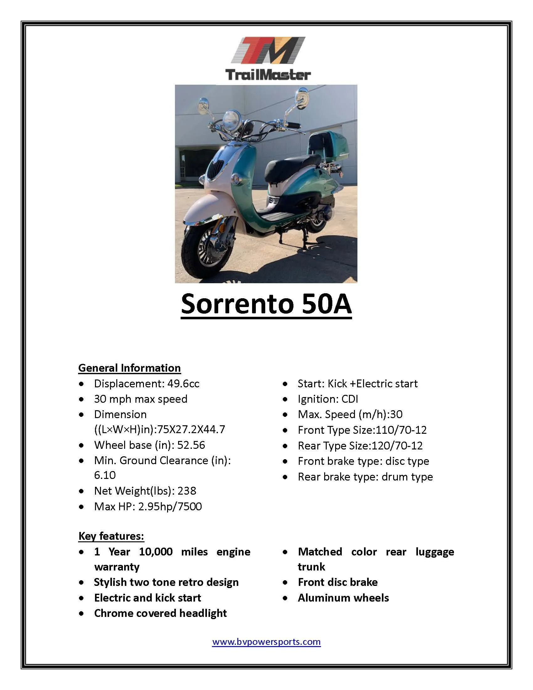 Trailmaster Sorrento 50 Retro scooter Euro Style Moped 49.5 cc Electric start Great Gas Mileage