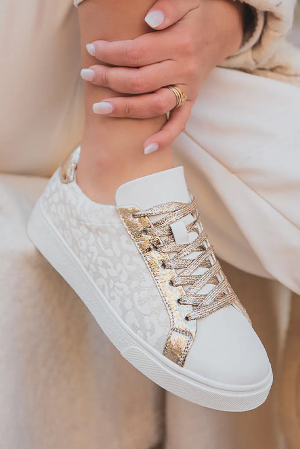 White Leopard Print Glitter Patched Leather Lace-up Shoes