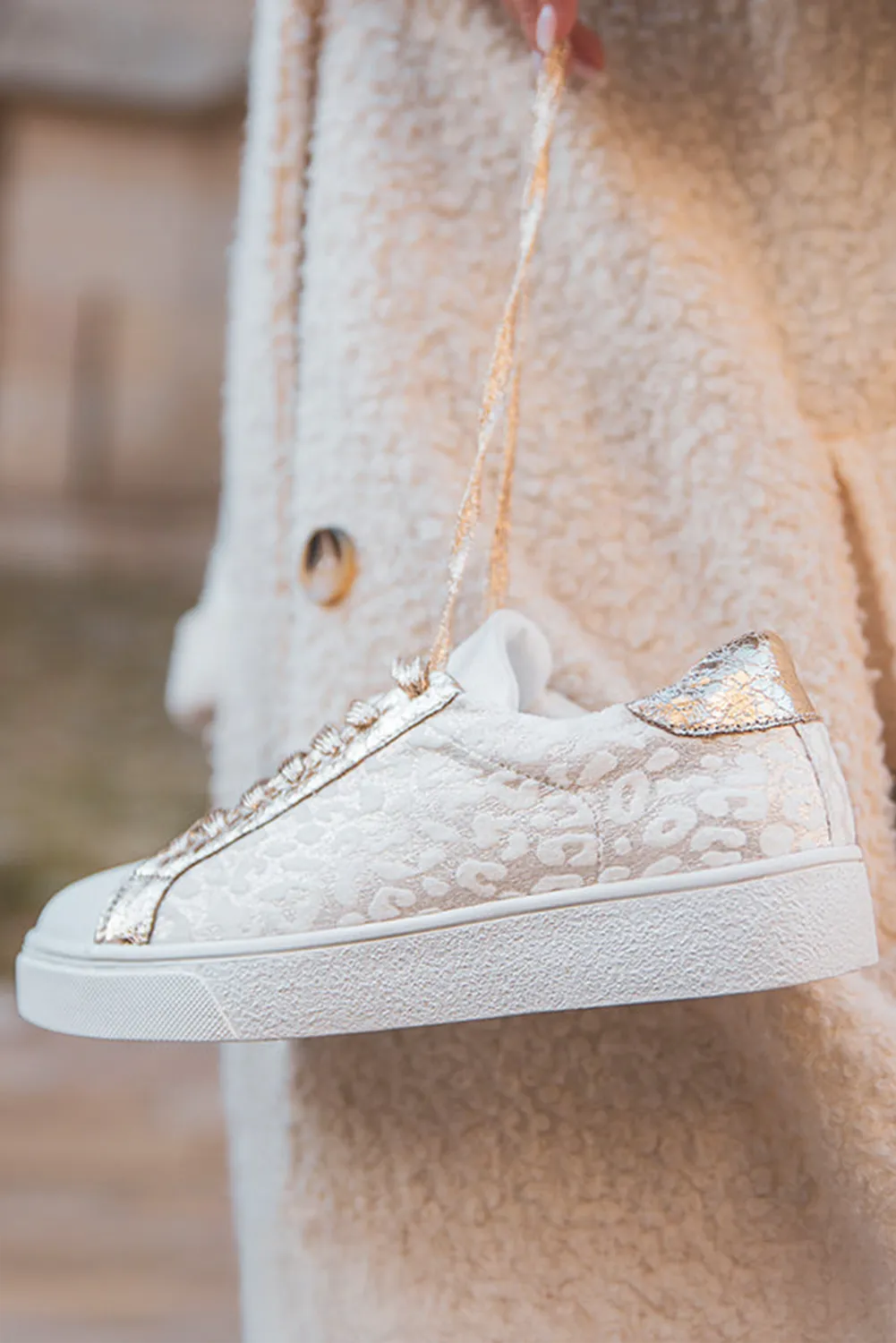 White Leopard Print Glitter Patched Leather Lace-up Shoes
