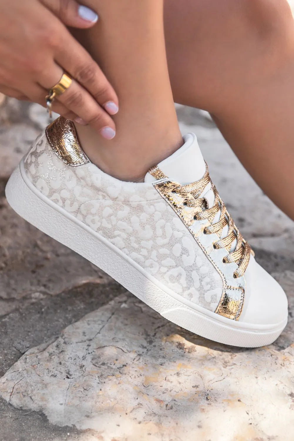 White Leopard Print Glitter Patched Leather Lace-up Shoes