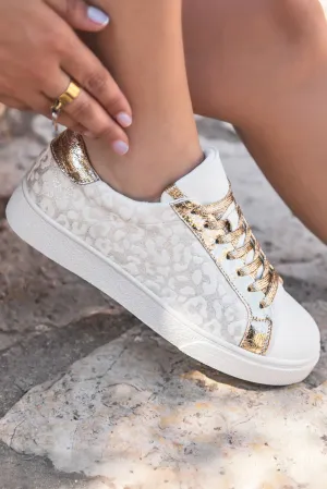 White Leopard Print Glitter Patched Leather Lace-up Shoes
