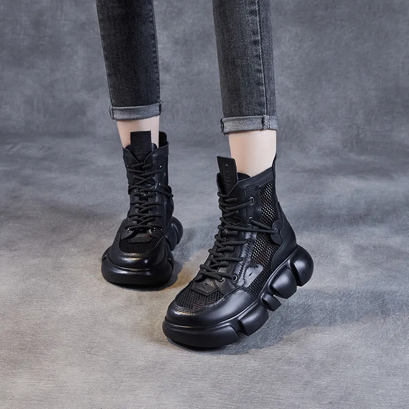 Women Breathable Mesh Leather Platform Summer Boots