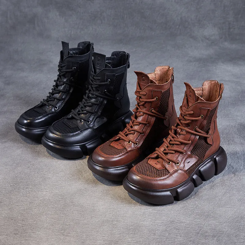 Women Breathable Mesh Leather Platform Summer Boots