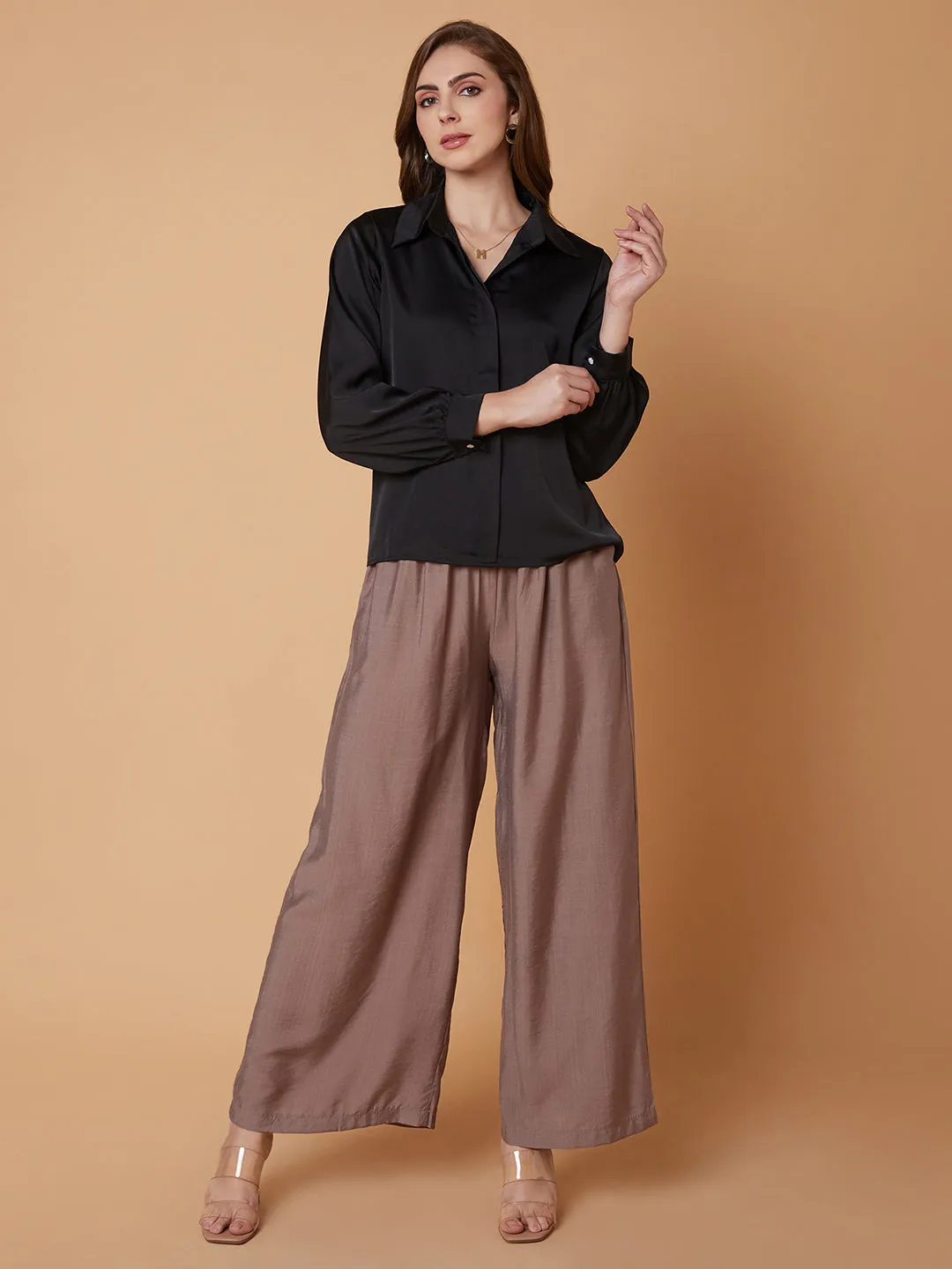 Women Solid Black Shirt with Neck Chain