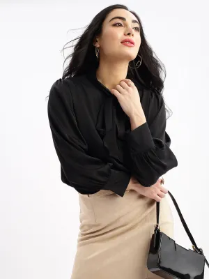 Women Solid Mandarin Collar Black Shirt