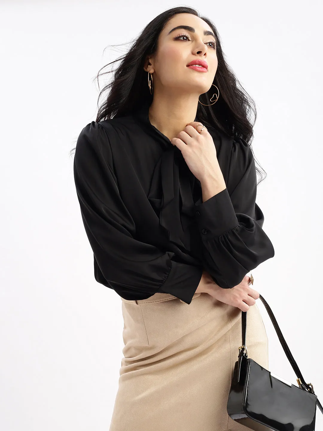 Women Solid Mandarin Collar Black Shirt