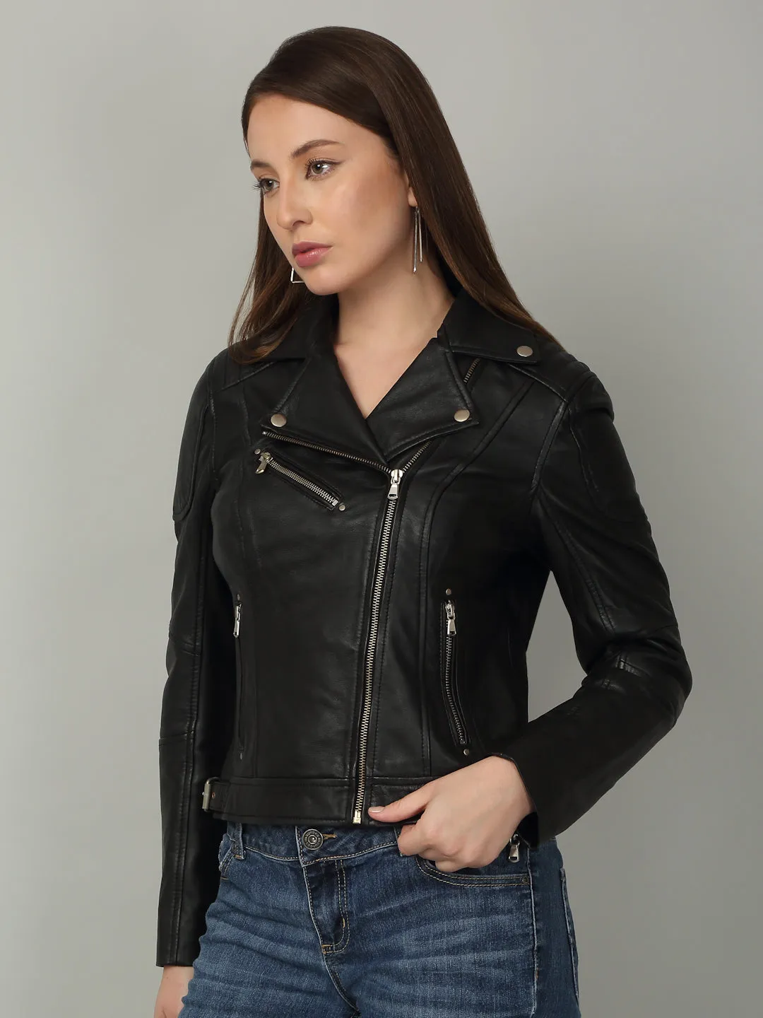 Women's Black Biker-Style Leather Jacket