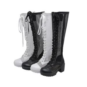 Women's Pu Leather Mesh Lace Up Block Heel Platform Knee High Boots Women's Pu Leather Mesh Lace Up Block Heel Platform Knee High Boots